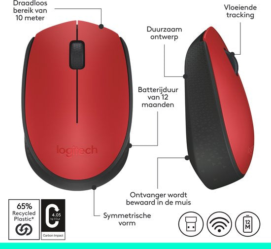 Logitech M171 - Draadloze Muis - Geschikt voor PC/Mac - Inclusief USB Mini Receiver - Rood