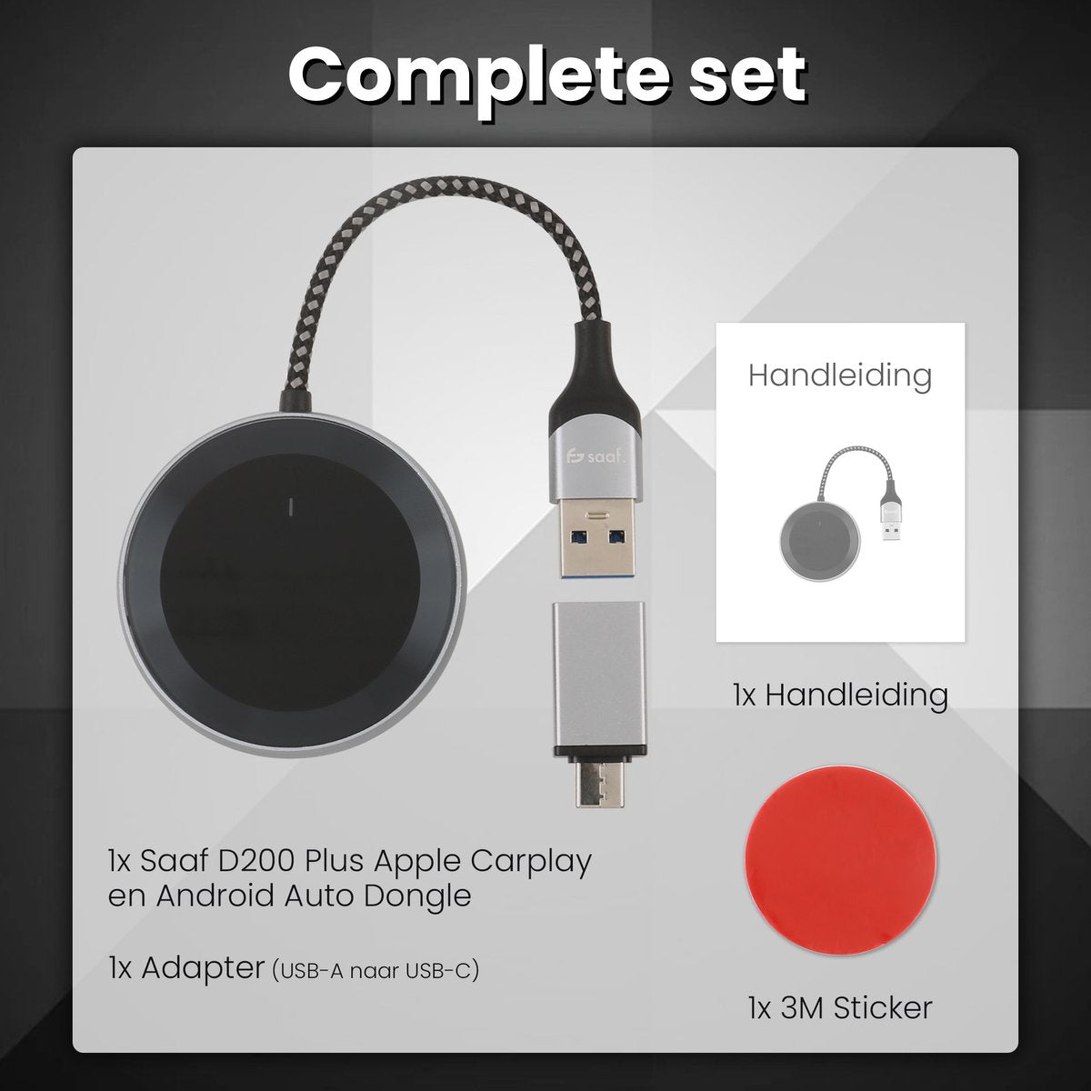 Saaf D200 Plus Apple CarPlay & Android Auto Dongle – Draadloos – USB-C & USB-A – Compact 6,5 x 3,5 x 1,2 cm
