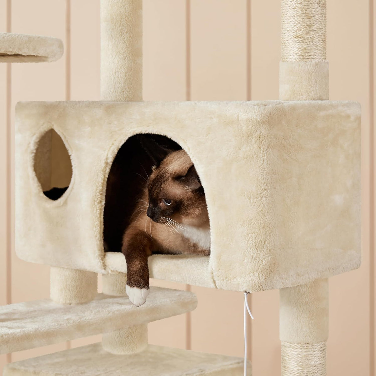 Yaheetech Kattenkrabpaal 137 cm - Beige - 49 x 49 x 137 cm - Met 2 Huisjes, 3 Plateaus en Sisal Speelballen