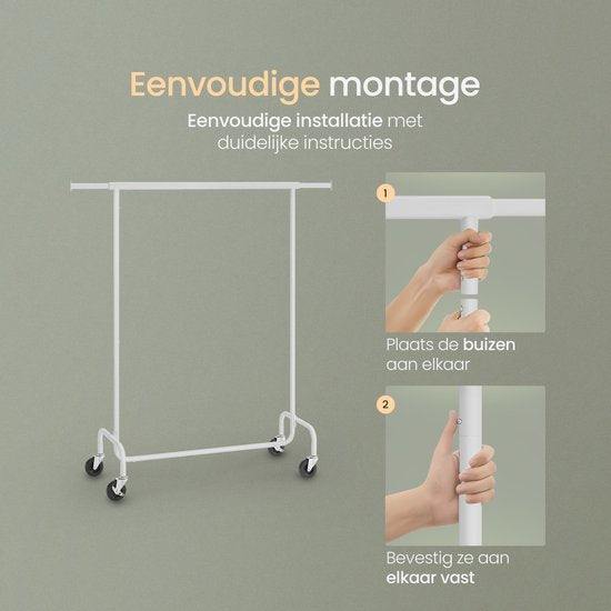 O'DADDY® Kledingrek op 4 Grote Wielen - Tot 130 Kg Draagvermogen - Verstelbaar en Uitschuifbaar - Roestbestendig Verchroomd Metaal - Eenvoudige Montage - Wit
