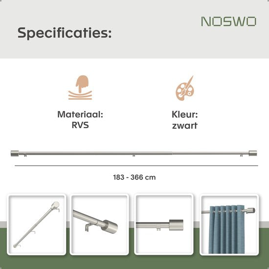 Noswo Gordijnroede - Uitschuifbaar - 183 tot 366 cm - Gordijnstang - Gordijnrails Compleet - Metaal - 300cm - Zilver