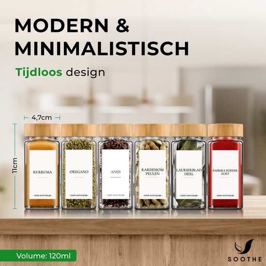 Soothe 48 Glazen Kruidenpotjes Vierkant met Bamboe Deksel – 2 Soorten Strooideksels – Kruidenstrooier – Spice Jars – Complete Set incl Kruiden Stickers, Krijtstift en Accessoires – 120ml