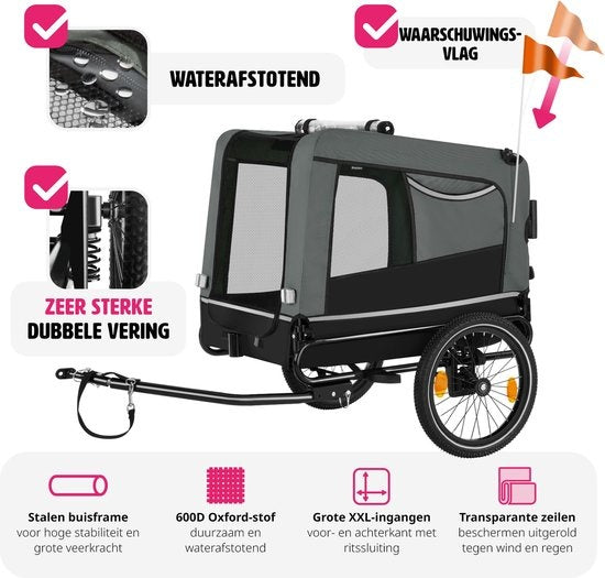 tectake® - Hondenkar WoofRider fietskar - grijs - inklapbaar, tot 40 kg - hondenbuggy hondenwagen - 404947