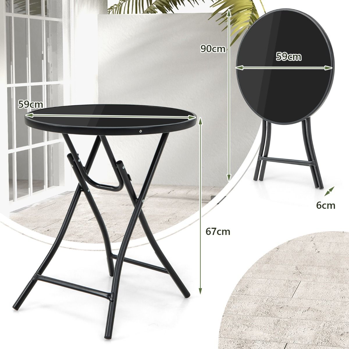 Coast Ronde Opvouwbare Bistrotafel – Ø59 cm Zwart – Gehard Glas – Metaal – Voor Binnen & Buiten