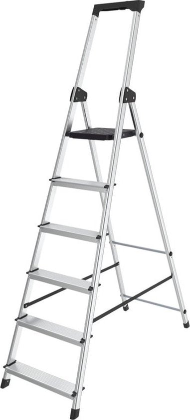 BRASQ Huishoudtrap 6-treden Zilver - keukentrap inklapbaar aluminium voor particulier en professioneel gebruik - Trap Ladder - Anti slip