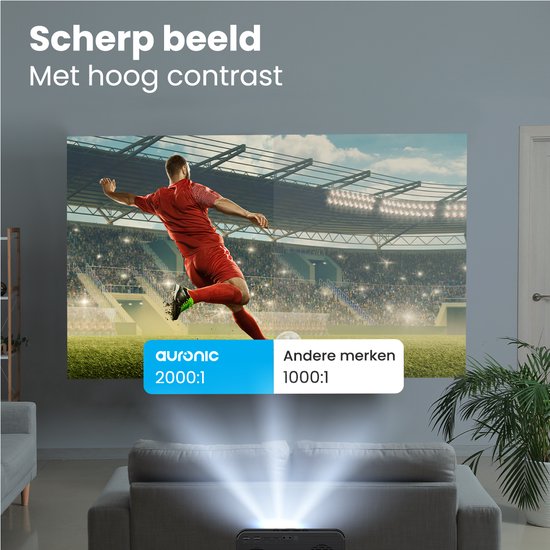 Auronic Beamer 10.000 Lumen - WiFi - 1080P Full HD - Streamen vanaf je telefoon - Smart Mini Beamer - IOS & Android - HDMI-kabel - Afstandsbediening en Projectiescherm - Zwart