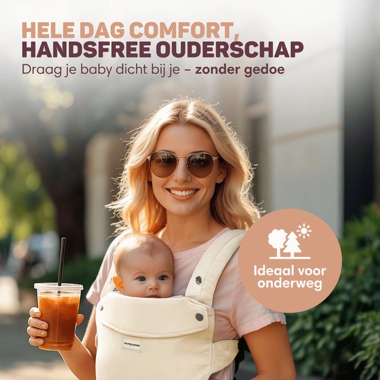 Vulpes Goods® BabyCare - Draagzak – Ergonomische Baby Draagzak 0-36 mnd – Luxe Buikdrager tot 20 kg – OEKO-TEX® Katoen – Handsfree Comfort - Met Rugsteun & M-Positie - Crème