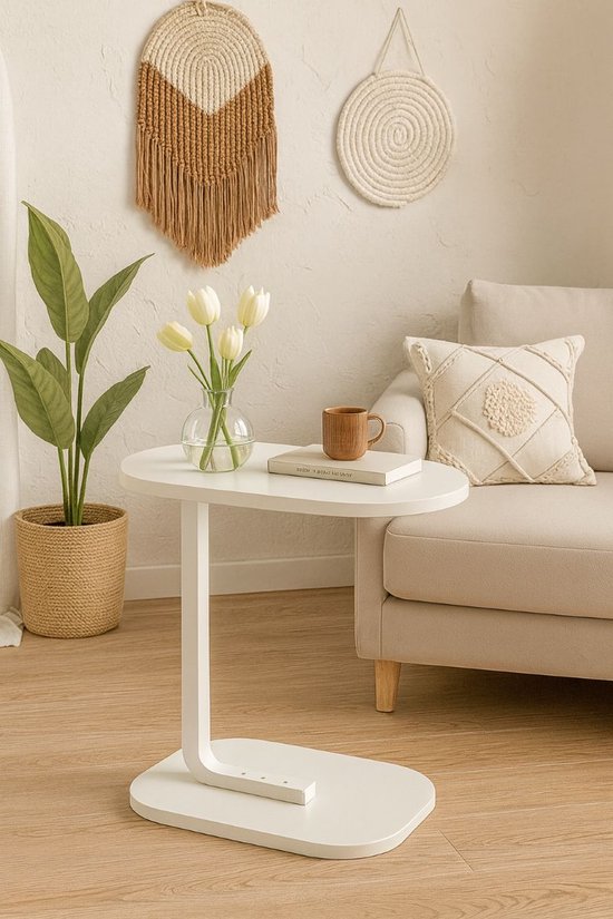 Ceruzo Bijzettafel – Wit Banktafel – Metaal met Hout – Koffietafel – C Shape – Compact– 45x28x60cm
