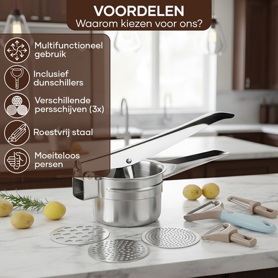 Qualisce Aardappelpers - Pureeknijper - Pureestamper - 3 Schijvige Aardappelpers - Pureerder - Inclusief multifunctionele Schiller