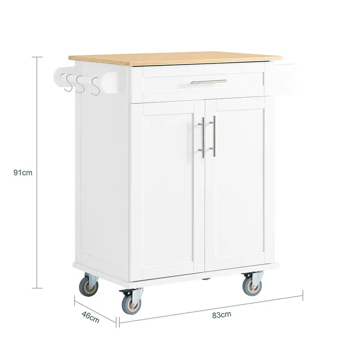 Keukentrolley Wit/Bamboe - 83 x 46 x 91 cm - Met Lade en Wielen