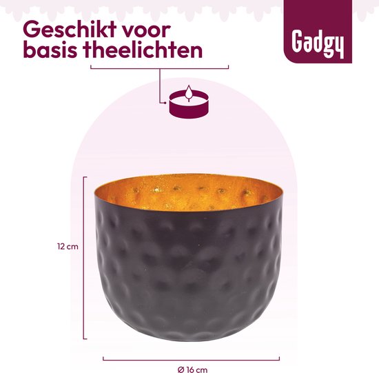 Gadgy Waxinelichthouder Rond - Theelichthouders - Decoratie Woonkamer - Sfeerverlichting Binnen - Kaarsenhouders voor Waxinelichten 14x15 cm - Windlicht Metaal - Zwart/Goud - Cadeau voor Vrouw