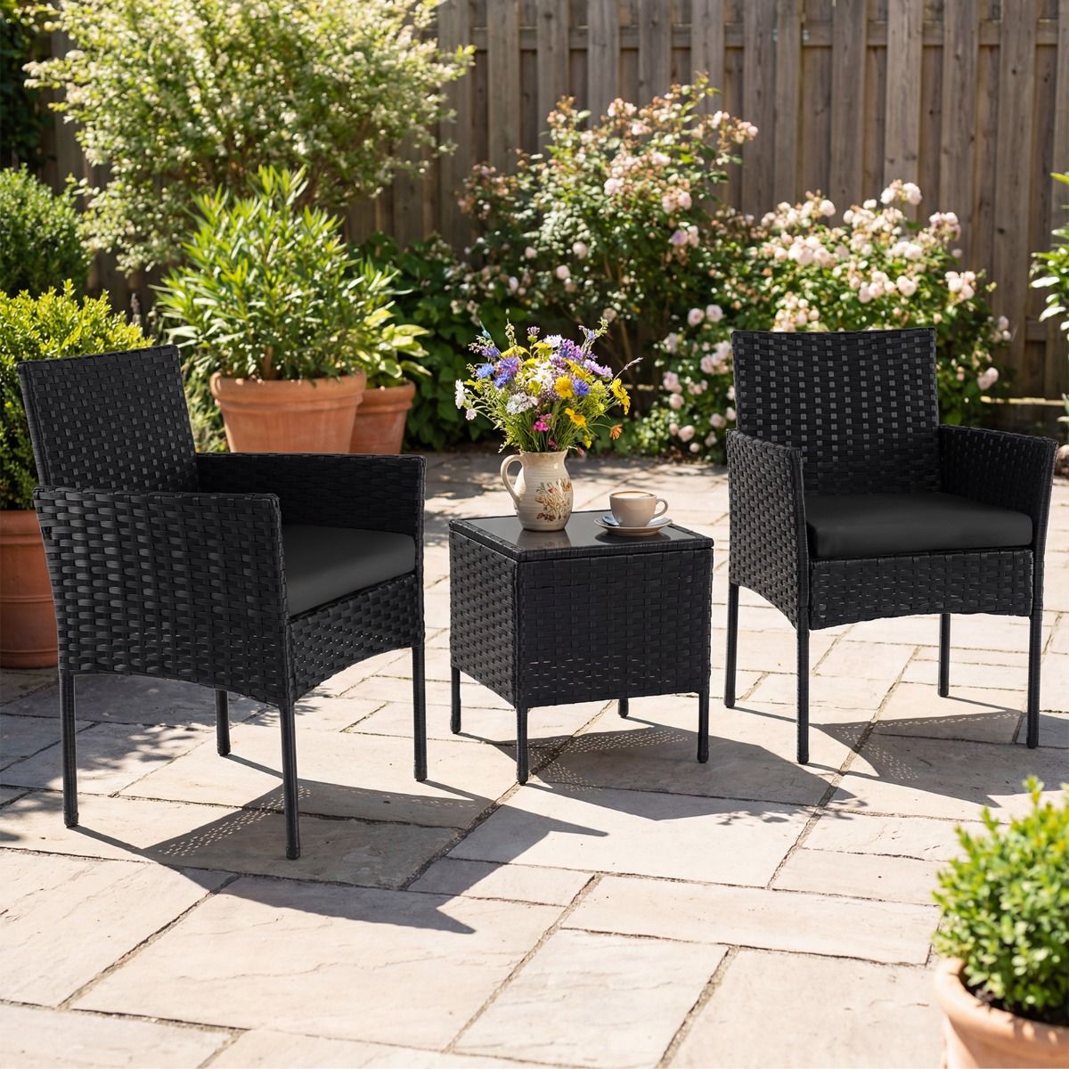 Coast 3-delige tuinset - 2 stoelen en tuintafel - handgevlochten rattan - zwart