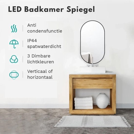 Mirlux Badkamerspiegel met LED Verlichting & Verwarming – Wandspiegel Ovaal – Anti Condens Douchespiegel - Zwart - 90x50CM