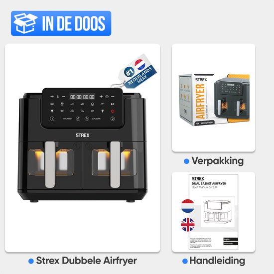 Strex Airfryer XXL - 10L - 2500W - Heteluchtfriteuse - Dubbele Airfryer - 50ºC tot 200ºC - 10 Kookprogramma's - Zwart