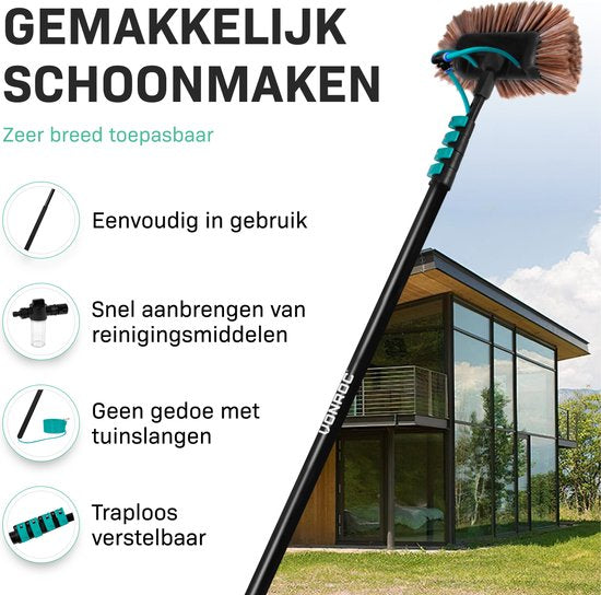 VONROC Telescopische wasborstel – 6,50m - Incl. Borstelkop, raamreiniger, waterslang en zeepdispenser