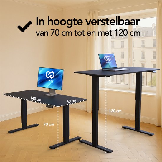 Infinity Goods Zit Sta Bureau Elektrisch Verstelbaar - 140 x 60 CM - Geheugenfunctie - Zwart