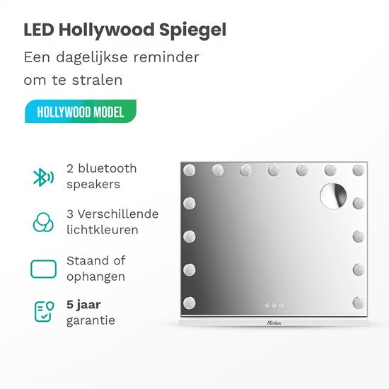 Mirlux Hollywood Spiegel 58x48CM – Bluetooth Spiegel met 2 Luidsprekers – Make Up Spiegel met Verlichting – 15x LED Lampen – 3 Lichtstanden – 10x Vergroting – Hollywood Spiegel met USB & USB-C – Luxe Witte Make-Up Spiegel voor Kaptafel of Badkamer