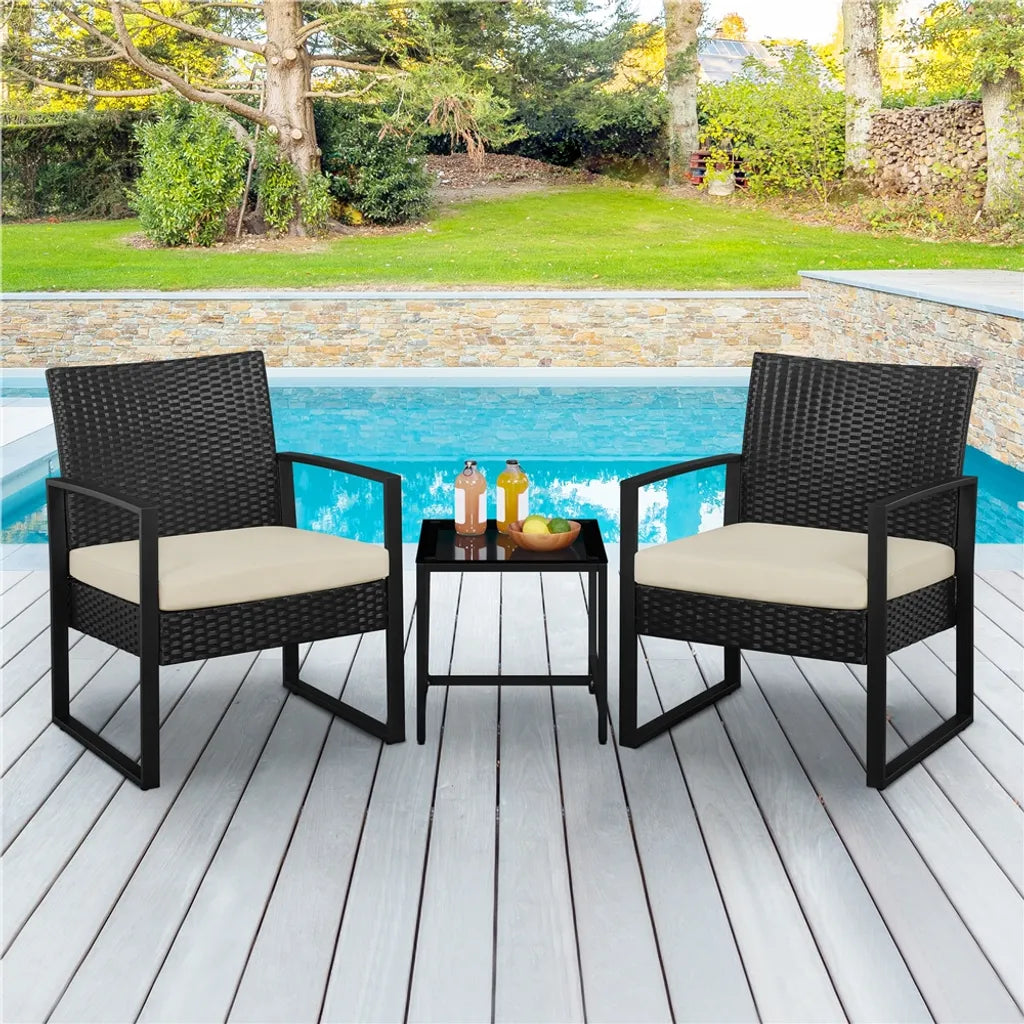 Yaheetech Tuinmeubelset 3-delig - Zwart/Beige - Polyrattan Balkonset met Bijzettafel en Glazen Tafelblad