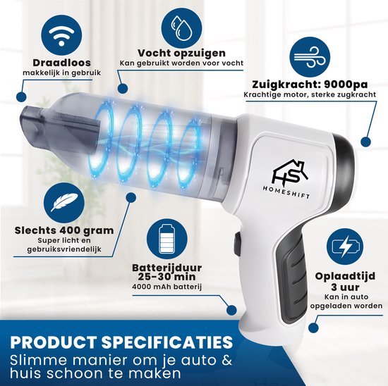 HomeShift® Auto Stofzuiger Draadloos V2 - Kruimelzuiger - Handstofzuiger - Kleine Stofzuiger - Draadloze stofzuiger - Air Duster - Nat & Droog - Grijs