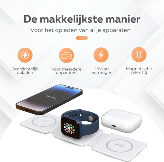 Wurk 3-in-1 Draadloze Oplader Magsafe - Oplaadstation - Inclusief Snellader Adapter - Geschikt voor iPhone & Android - 15W