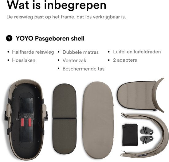Stokke YOYO Newborn Shell, Taupe - Voor baby's tot 6 maanden of 9 kg - Inclusief semi-harde kap, tweepersoonsmatras en voetenzak - Voor YOYO-frame (los verkrijgbaar)