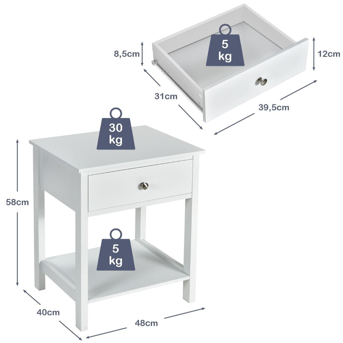 Coast bedtafel 2-fasen nacht dressoir van moderne nachtkastje met lade wit