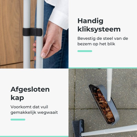 CLEANLY Stoffer en Blik met lange Steel 134 cm - Bezem voor Binnen en Buiten - Innovatieve Borstelvezels - Zwart, Grijs