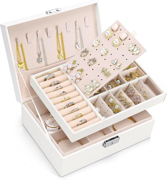 Vimora Sieradendoos met extra verdieping - Wit - Juwelendoos - Sieradenkistje - Voor Volwassenen, Meisjes, Heren & Dames - Geschikt Voor Kettingen, Oorbellen, Armbanden & Ringen