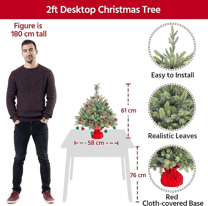 Yaheetech Mini Kunstkerstboom 61 cm - Groen - Tafelkerstboom met Cementen Voet en 62 PE Takken