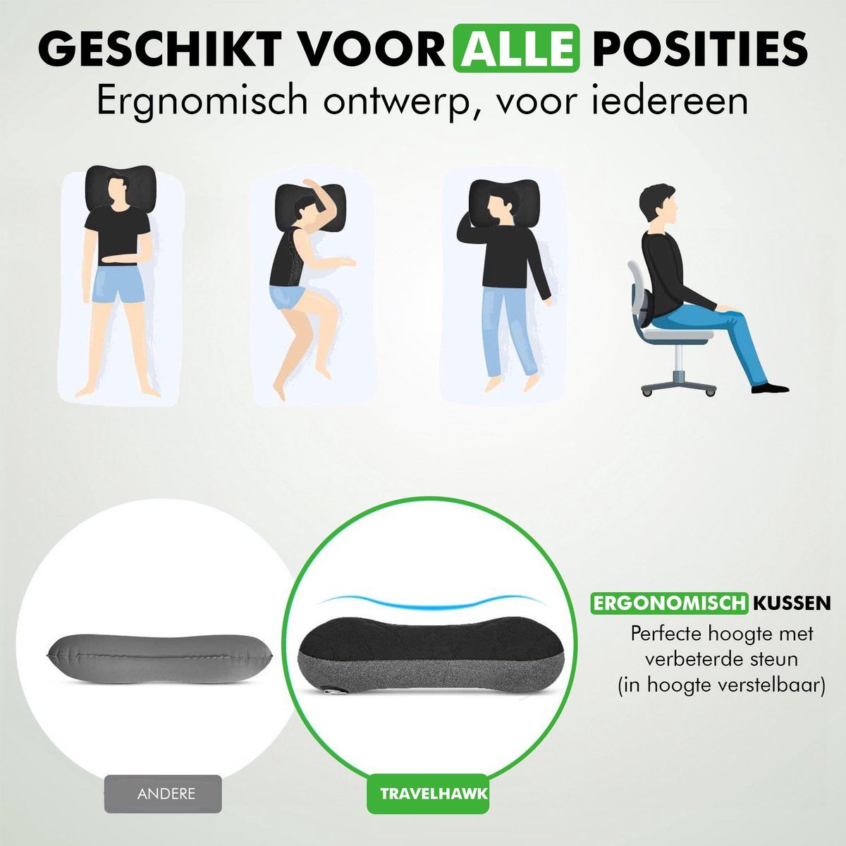 Travelhawk Reiskussen - Opblaasbaar - Lichtgewicht - Zwart