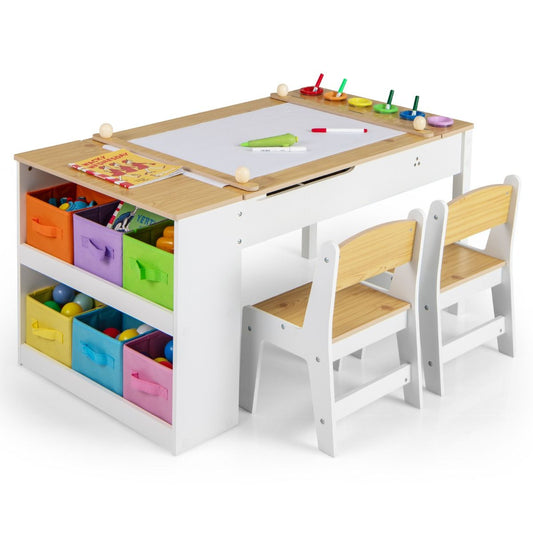 Coast Kinder kunsttafel en ezelset - 2-in-1 multifunctioneel ontwerp - met 2 stoelen - wit en naturel