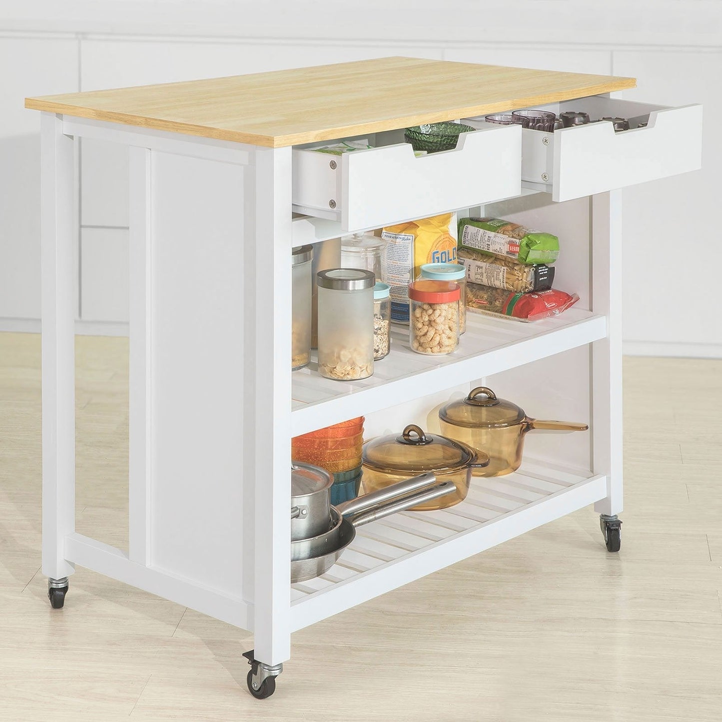 SoBuy - Kookeiland Op Wielen - 100 x 60 x 94 cm - Wit & Hout Composiet - Mobiele Keukentrolley Met Opbergkast - Voor Keuken & Voorraad
