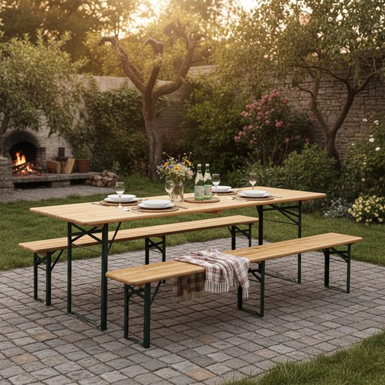 AXI Toon Biertafelset - Opklapbare Tafel en 2 Banken – 220 cm –Stalen Frame & Hout – Met Rubberen Pootkapjes – Picknicktafel voor buiten