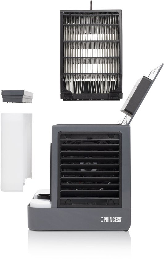 Princess 355500 Premium Mini Luchtkoeler 14,2x14,2x14,8cm – Draagbare airco voor Bureau, Slaapkamer – Aircooler USB-C, 7 Kleuren LED Verlichting, Uitneembaar Waterverdampingsfilter, Persoonlijke Verkoeler, Compact voor Thuis, Kantoor en Reizen