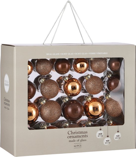 Mica Decorations Kerstballenset van Glas - Kerstballen met Glans en Glitter - Kerstversiering voor de Kerstboom - Piek voor de Boomtop - Set van 42 Stuks - Ø7 cm - Bruin