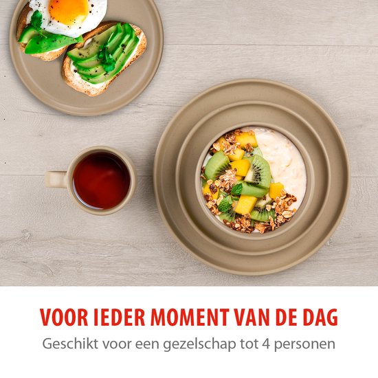 alpina Serviesset 16-Delig - Bordenset 4 Persoons - Aardewerk Servies - Ontbijtborden, Dinerborden, Kommen en Mokken - Magnetron en Vaatwasser Bestendig - Zand