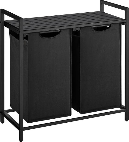 O'DADDY® Wasmand - 2 vakken – Uitschuifbare Wassorteerder Met Plank - 73 x 33 x 72 cm - Dark Grey
