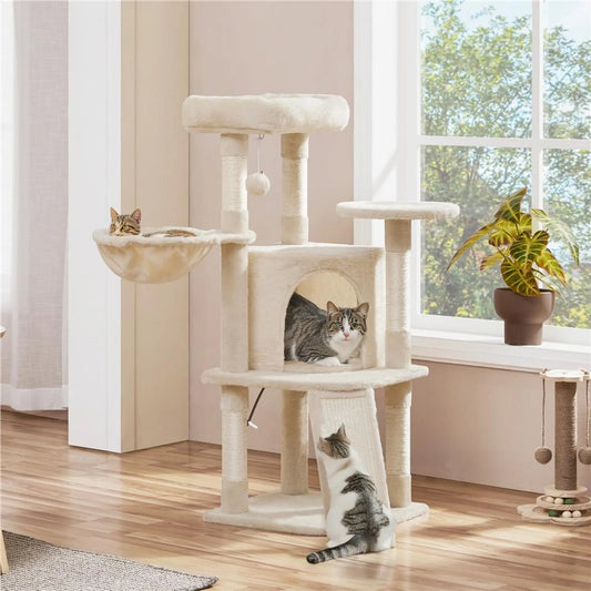 Yaheetech Krabpaal Middelgroot – 43,5 x 43,5 x 106 cm – Voorzien Van Royaal Uitkijkplatform En Hangmat En Kattenmand Met 5 Sisalpalen – Voor Kittens En Middelgrote Katten – Beige Pluche En Spaanplaat