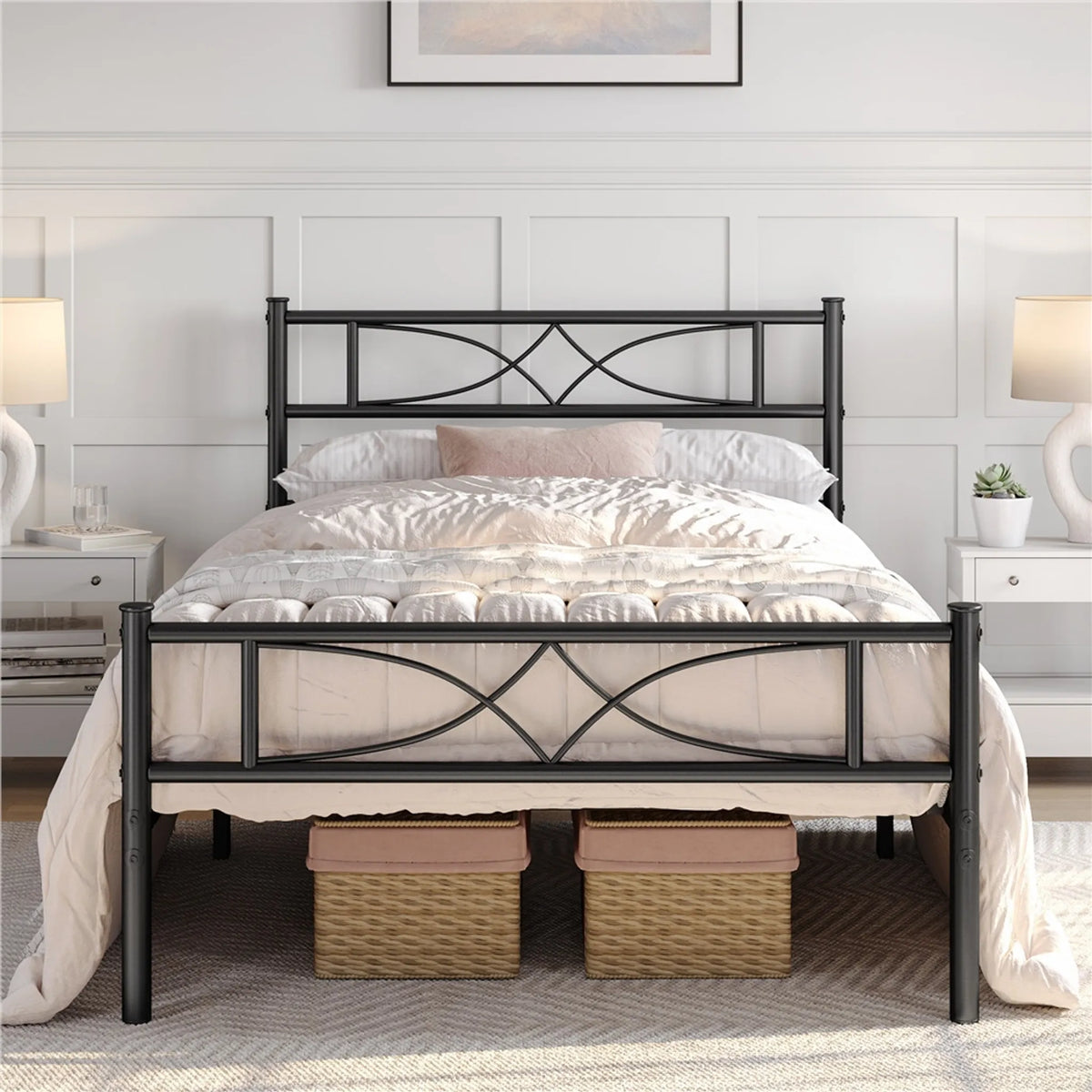 Yaheetech Metalen Bedframe 90 x 200 cm - Zwart - 204 kg - Met Hoofdbord en Voetbord - 32 cm Onderbedopslag
