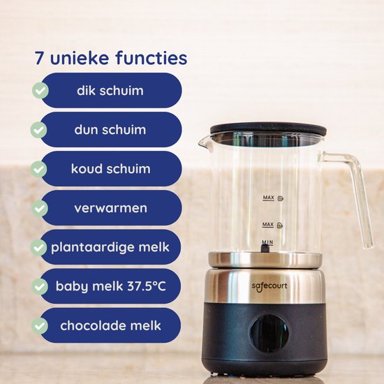 Safecourt Kitchen Glazen Melkopschuimer - Elektrische melkopschuimer - Glazen kan & PFAS-vrij - Vaatwasserbestendig - Zwart - MF700