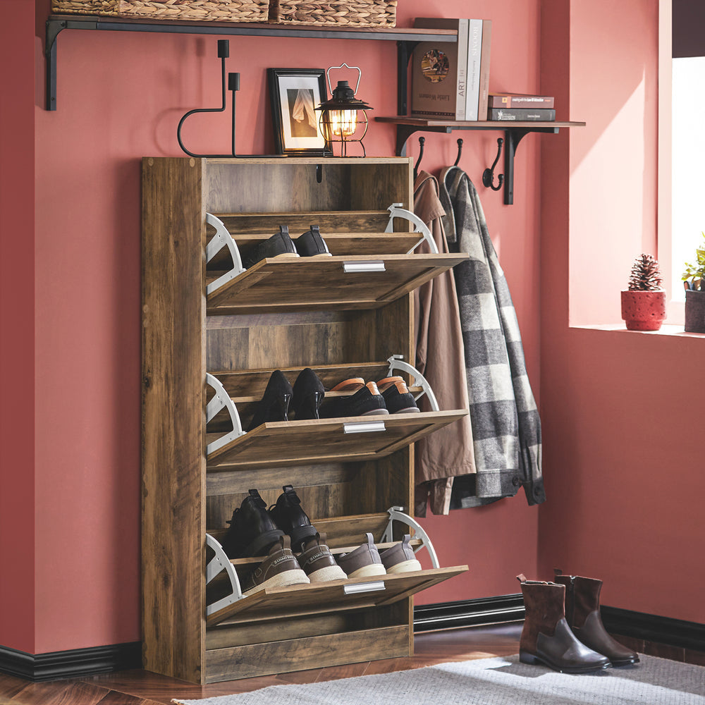 SoBuy FSR137-L-F Schoenenkast - Met 3 Kleppen - 60 x 23 x 115 cm - Donkere Houtkleur