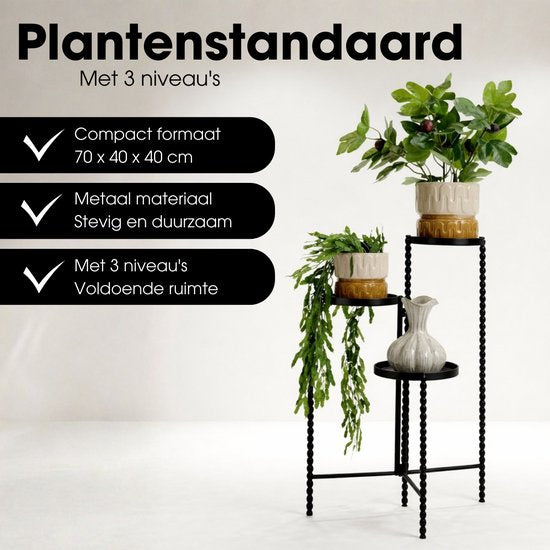 Mica Decorations Salvo Plantenrek - Plantenstandaard voor Kamerplanten - Plantentafeltje voor Binnen - Plantenonderzetter met Drie Plateaus - 40 x 40 x 70 cm - IJzer - Zwart