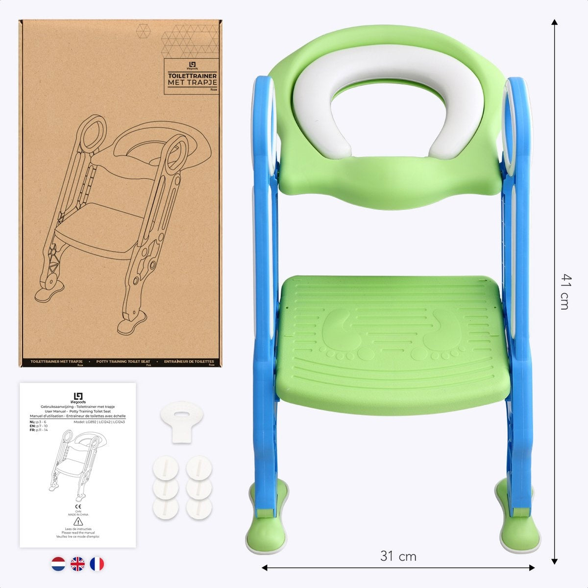 LifeGoods WC Verkleiner met Trapje - Toilettrainer met Opstapje - Potje peuter - 2 tot 7 Jaar - Groen/Blauw