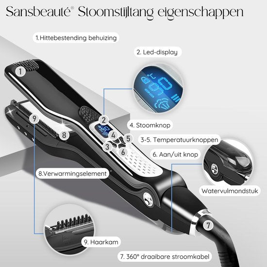 Sansbeauté® Stoomstijltang - Stoom Stijltang - Brede Platen - Professionele Stijltang – stoomstijltangs - Zwart