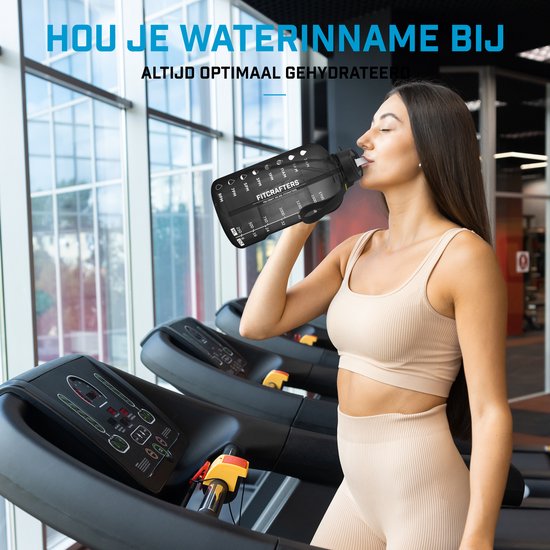 Fitcrafters Waterfles met Tijdmarkeringen - Motiverende Drinkfles - 2L - BPA vrij - Zwart
