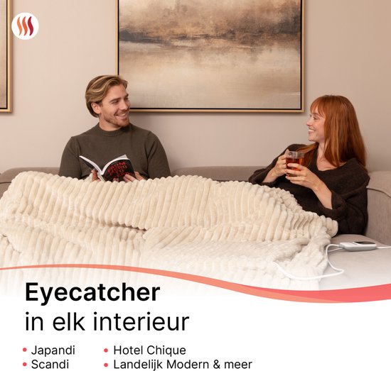 Seranova Elektrische Deken XXL - Extra Warmtedraden - Gestreept Model - 180x160 cm - 2 persoons Warmtedeken - Dubbelzijdig Fleece - Beige