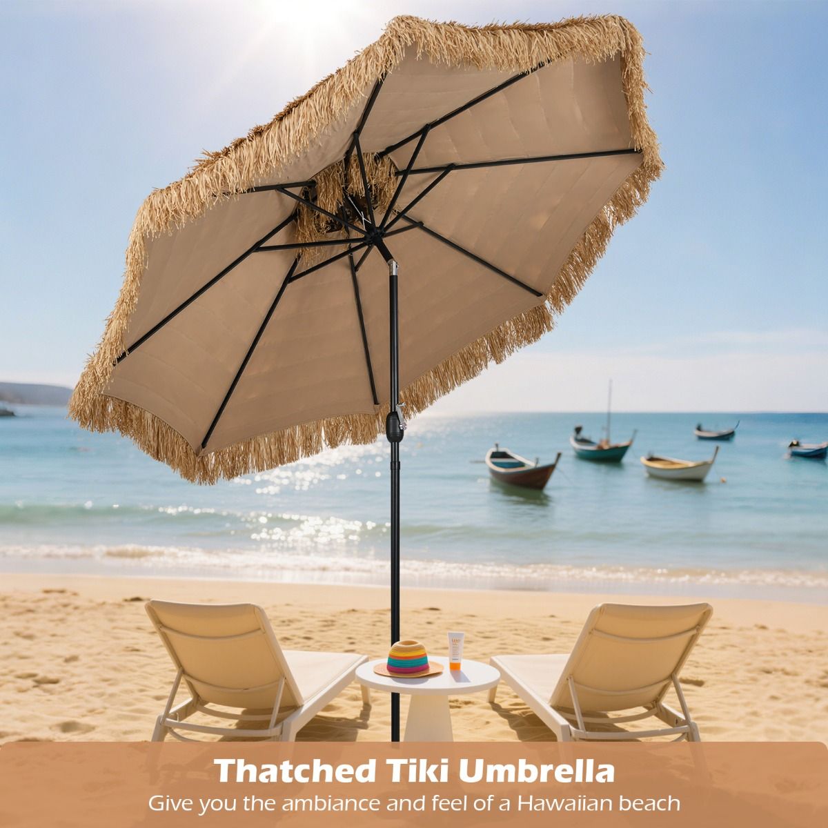 Coast 299 cm Rieten Tiki Parasol Hawaii Dubbeldeks Marktparasol – Naturel/Zwart, Ø 299 cm x 270 cm Hoog