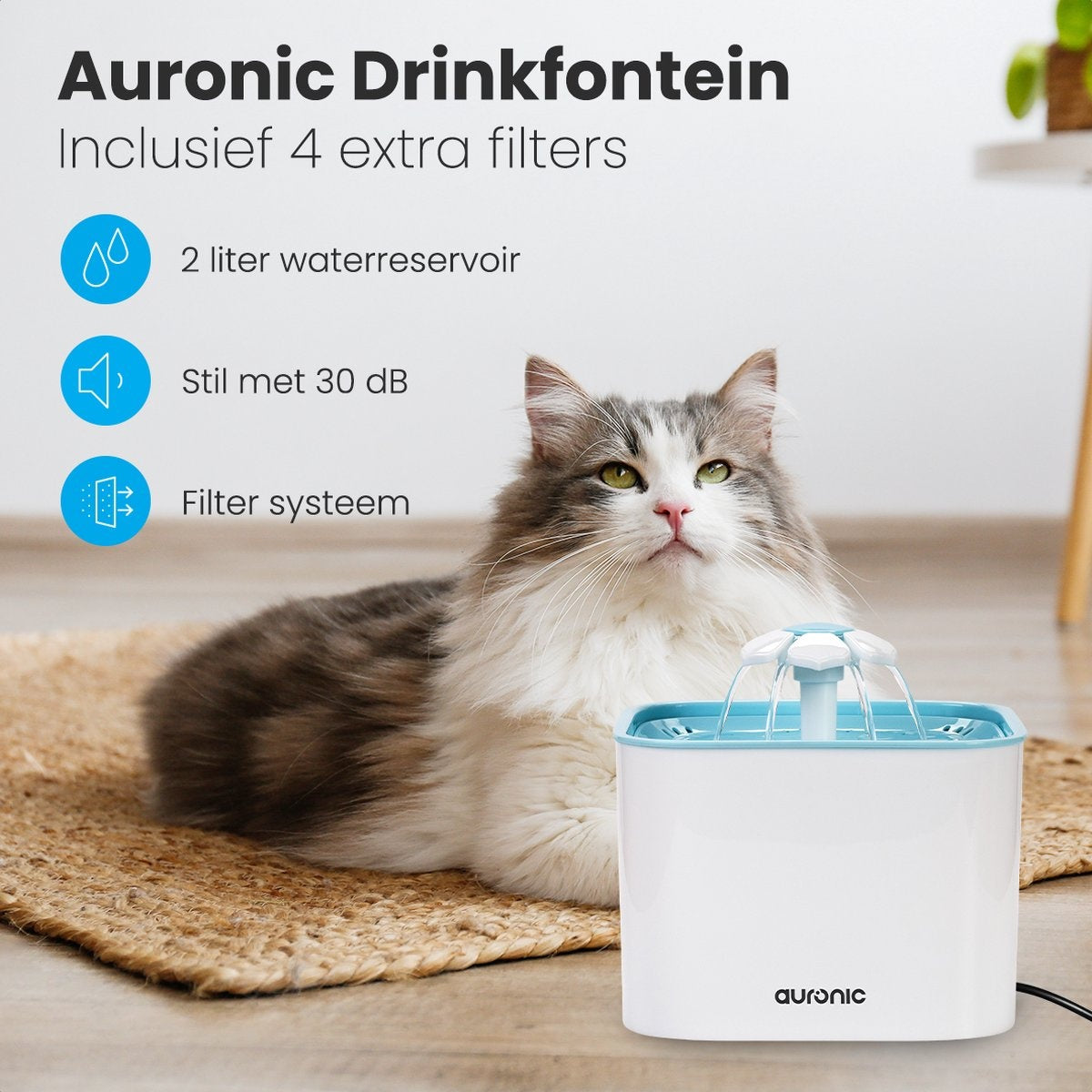 Auronic Drinkfontein voor Katten en Honden - 2L - Incl. 4 Filters - Wit