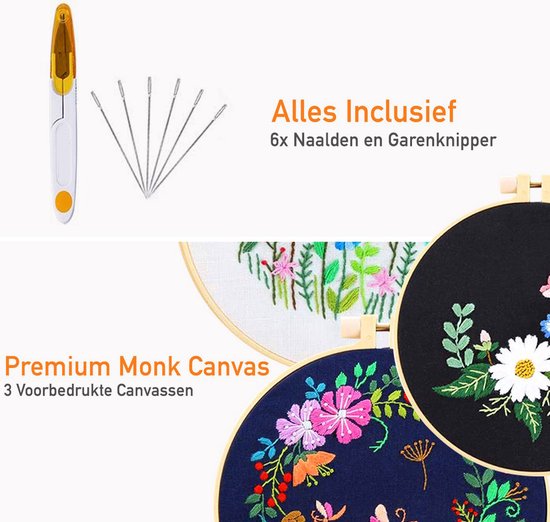 Happy Goods Borduurpakket Bloemen en Vogels - Borduurpakketten Volwassenen - Borduurset van 3 - Hobby en Creatief - Borduren