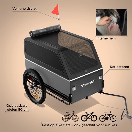 TrevoPet® Hondenfietskar XL - Opvouwbare Fietskar Hond - Hondenkar met Loopplank, Veersysteem & Weerbestendig - Geschikt voor E-Bikes - 45 kg - Grijs